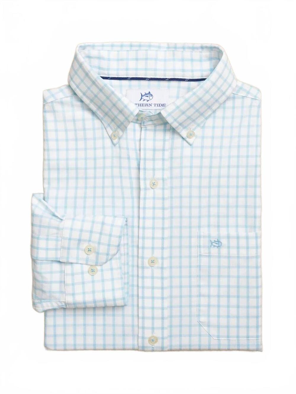 NEW SOUTHERN TIDE men's tradewind tatersall sport shirt in tropical breeze blue
